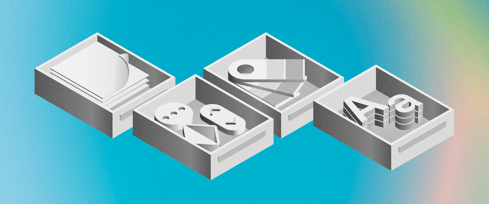 Image showing what is a design system with many components over a teal background.