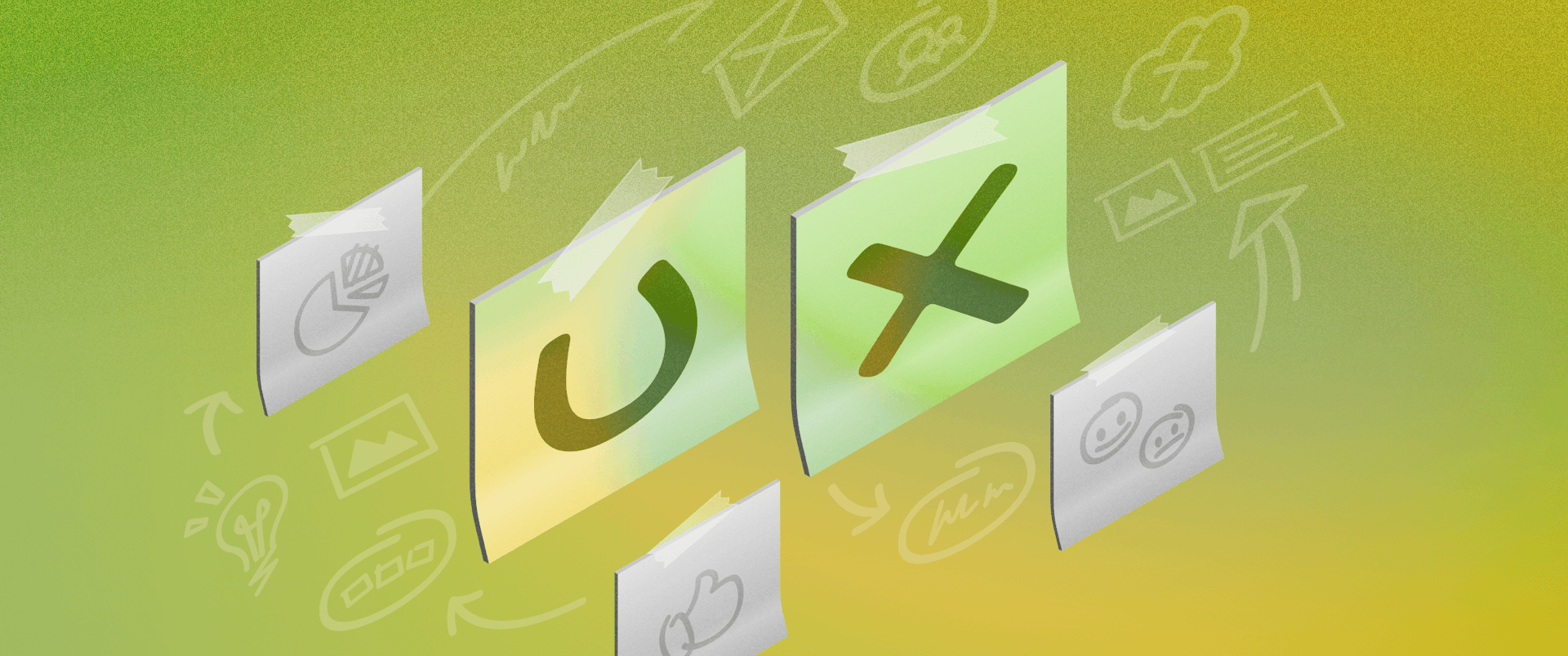 Sticky notes spelling out UX with Sketch UX design elements