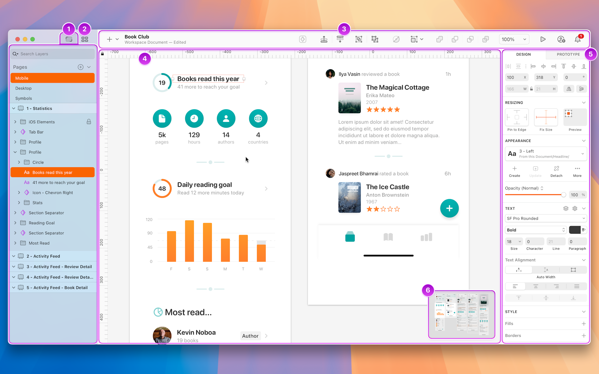 An annotated image showing the Mac app interface.