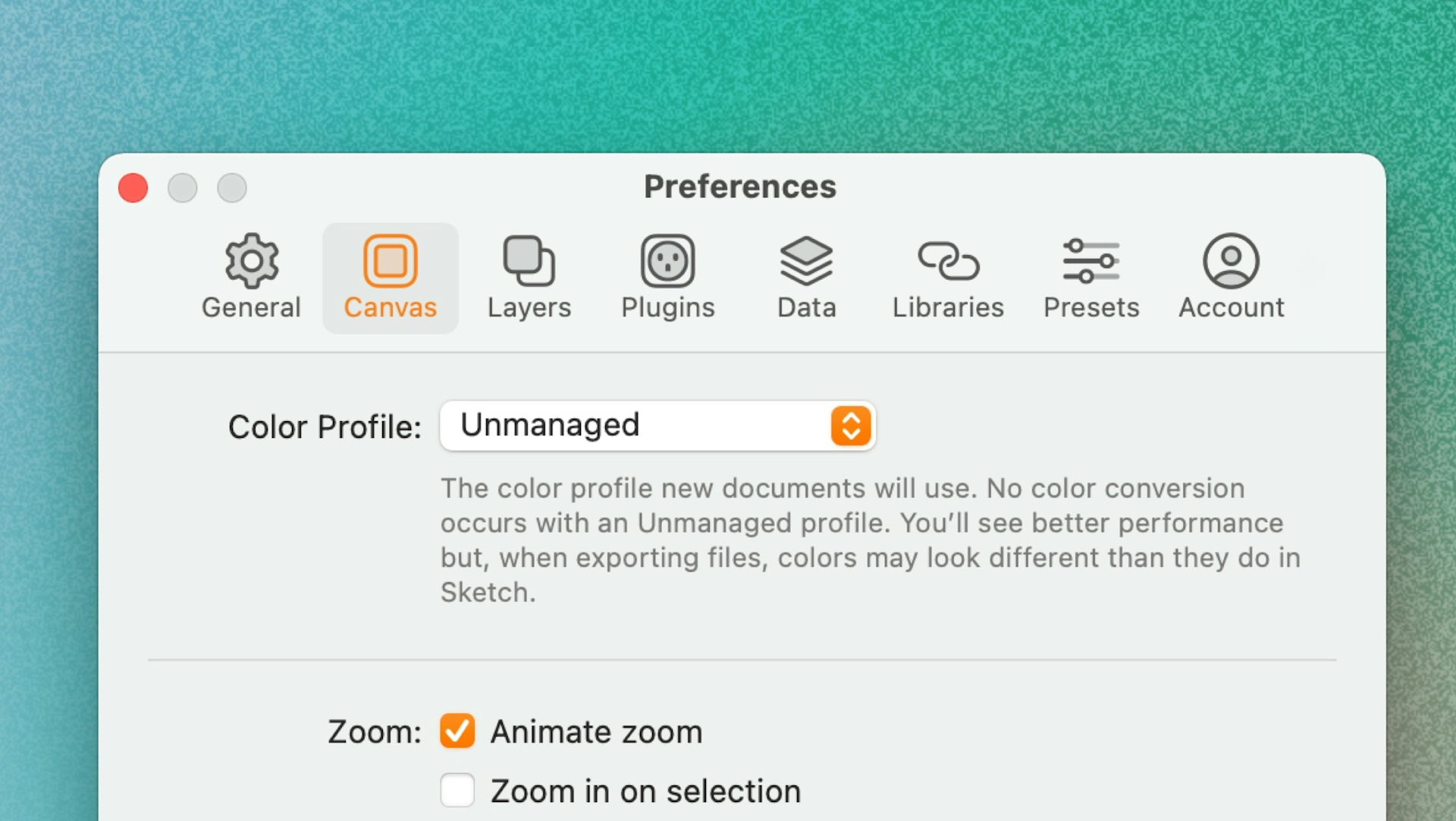 A picture showing how to change the default color profile in the preferences window.