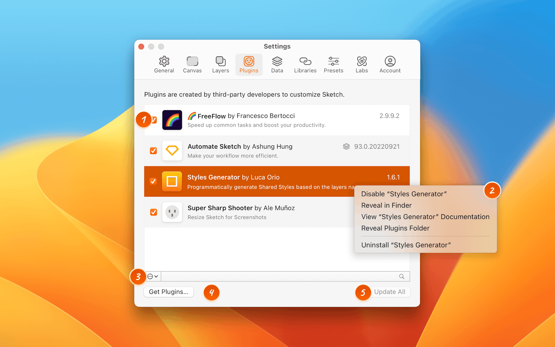 An annotated image showing the Export Presets tab in Settings.